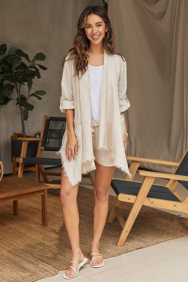 LINEN ASYMMETRICAL CARDI: Beige / S