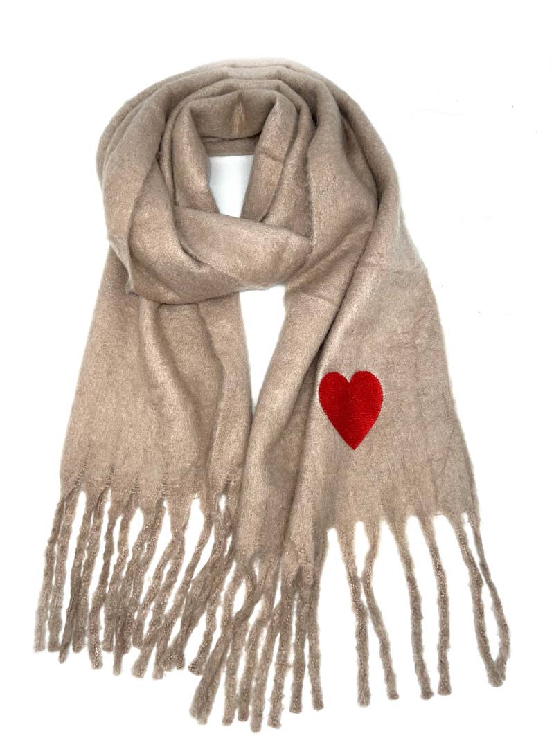 HH-210 Big fringe scarf with heart : Beige