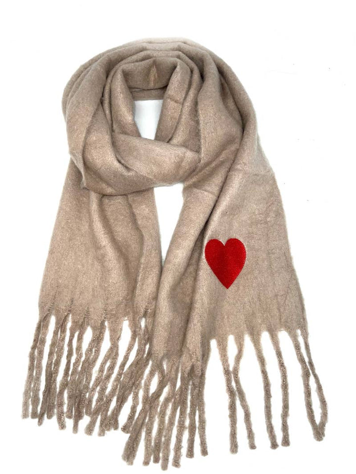 HH-210 Big fringe scarf with heart : Beige