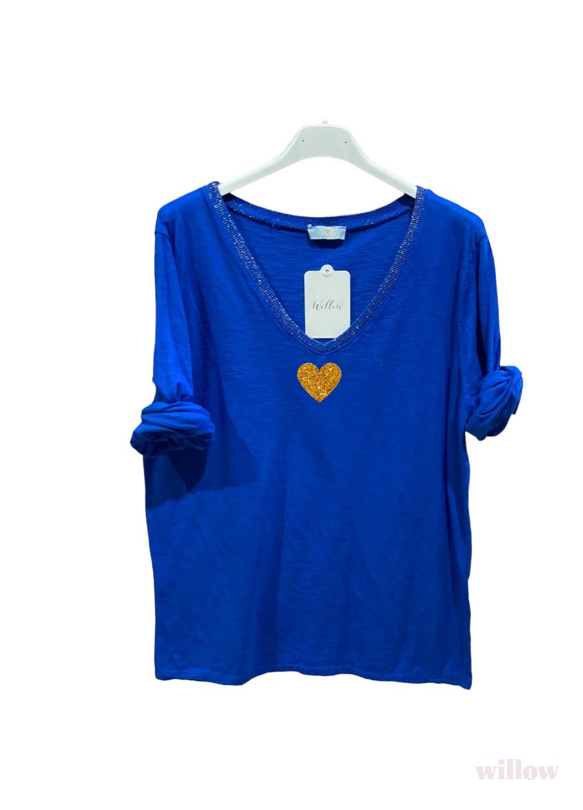 Gold heart long sleeve lurex collar top: Fuchsia