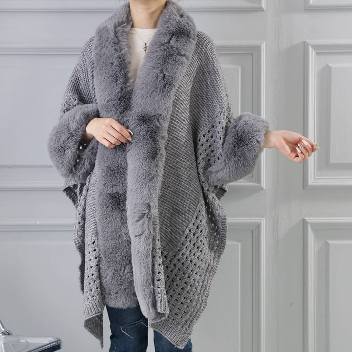PE364 Hand knitted crochet  fur trim cape: Blush