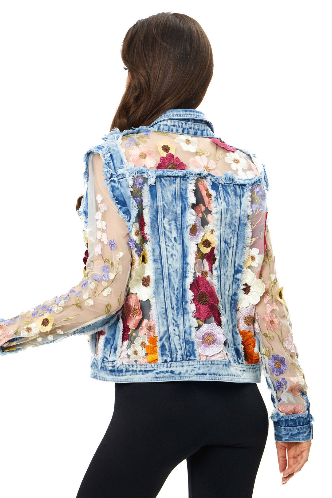 Denim Lace Jacket with Floral Embroidery: M
