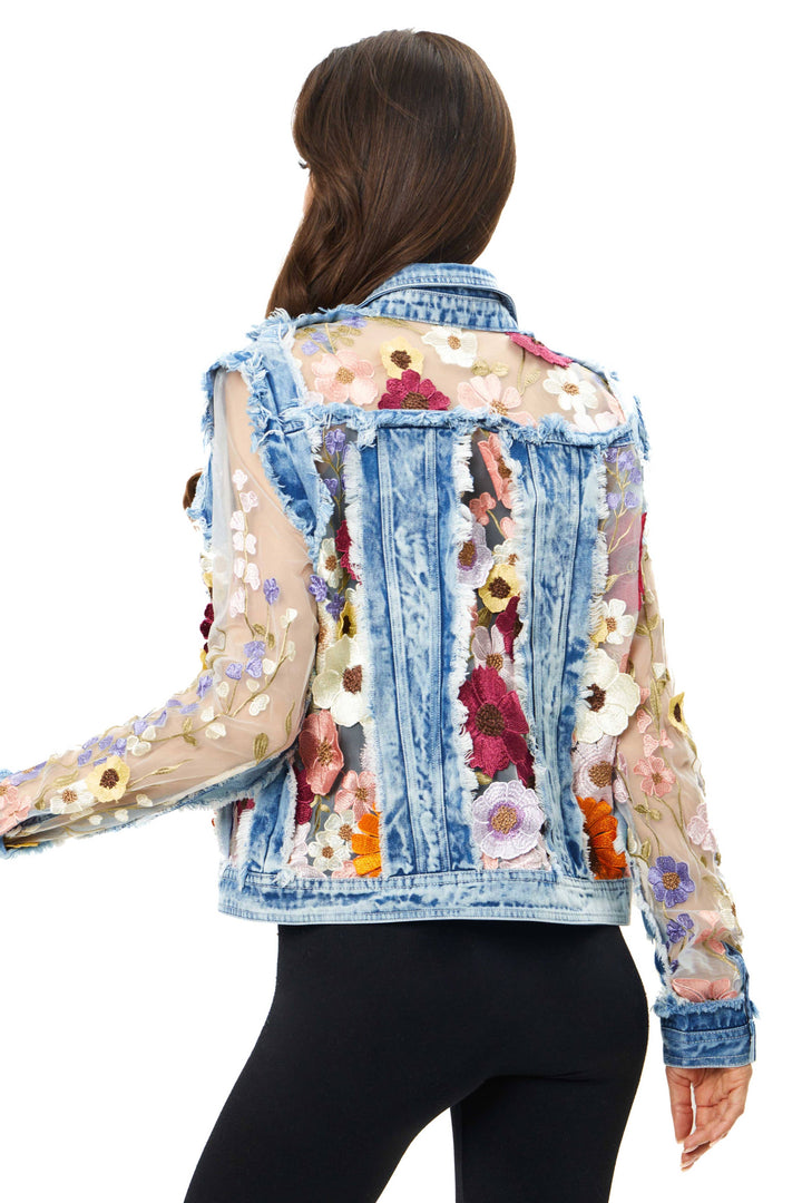 Denim Lace Jacket with Floral Embroidery: M