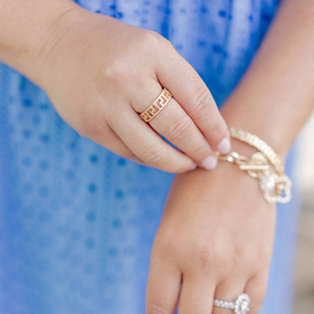 Ryan Greek Keys Ring in Worn Gold, Size 8