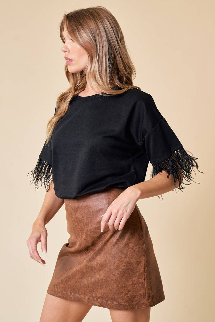 Top With Feather Trim - 13699T: Black / L