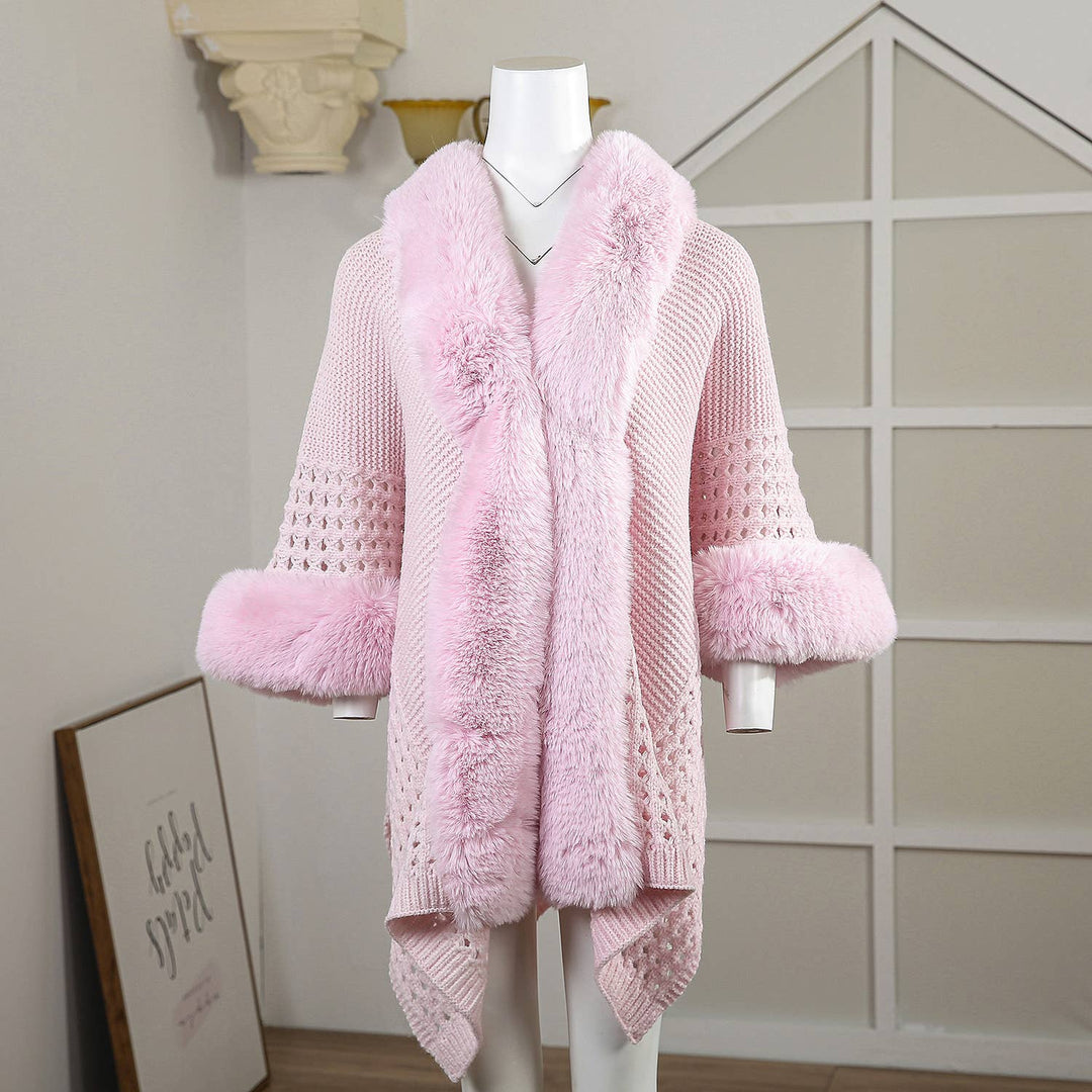 PE364 Hand knitted crochet  fur trim cape: Blush