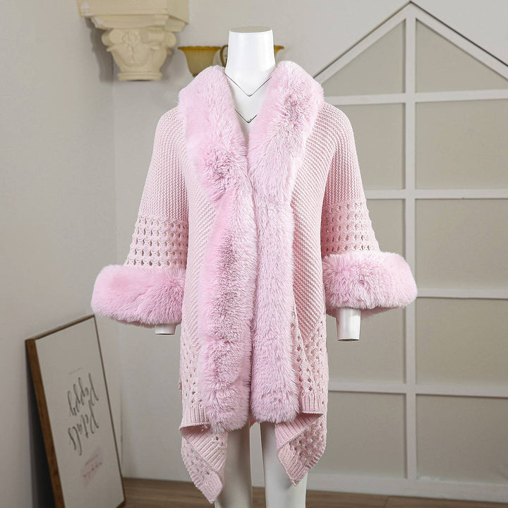 PE364 Hand knitted crochet fur trim cape: Baby Blue