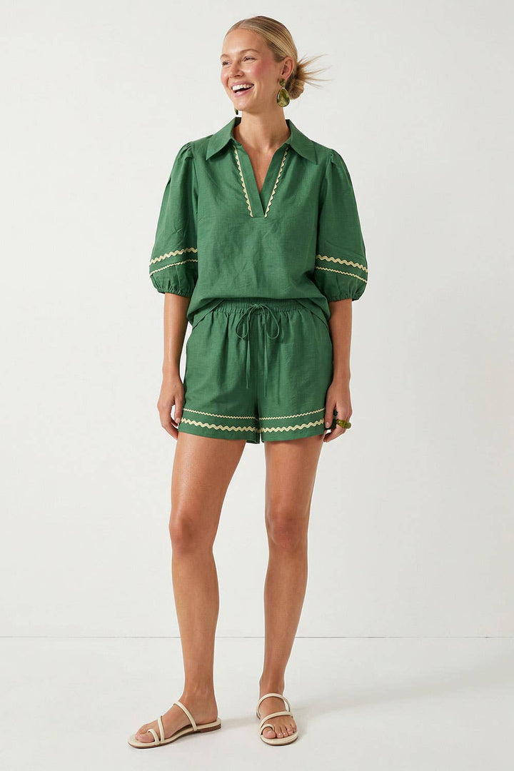 Puff Sleeve Linen Blouse: Red / L