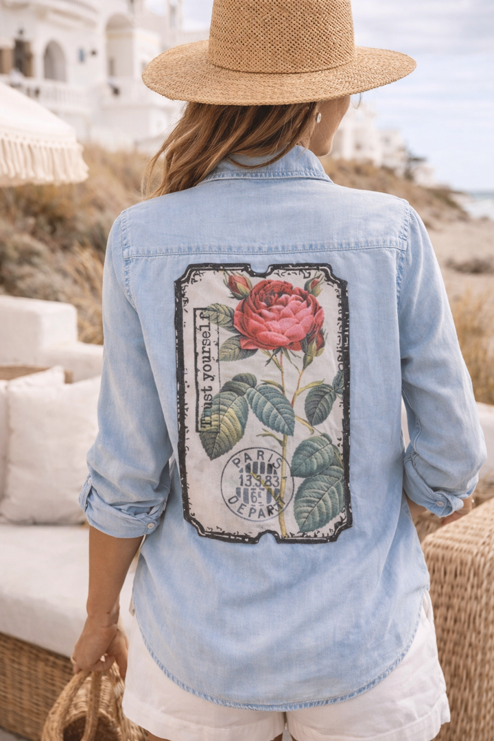 Rose Postcard Tencel Shirt: L