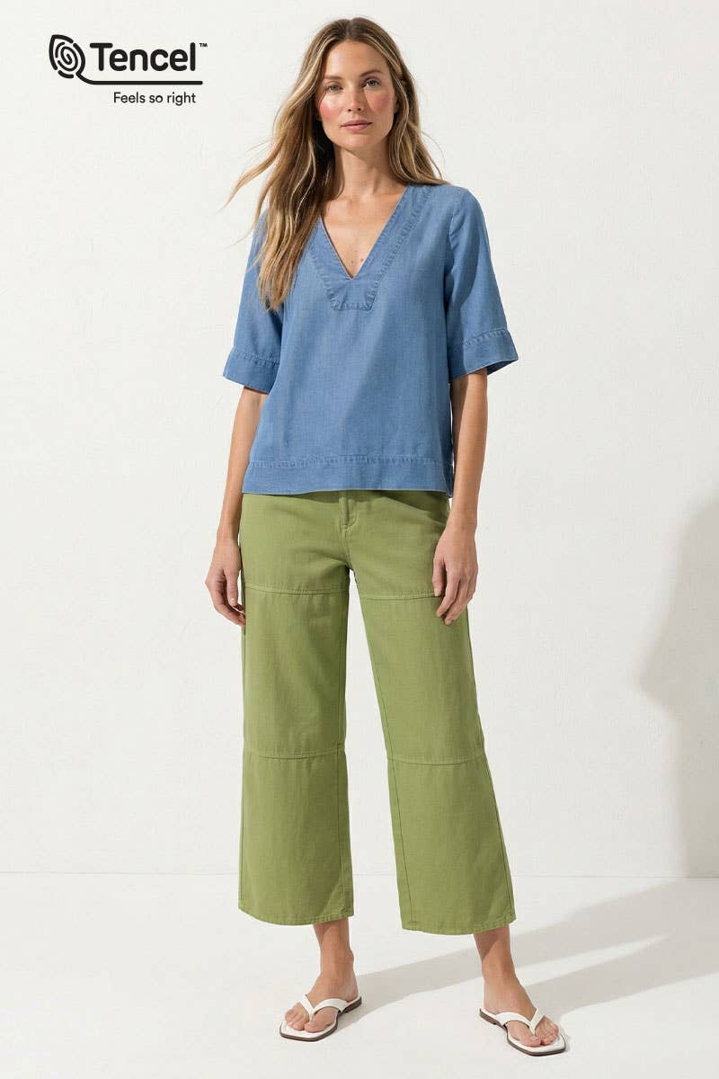 V-Neck Band Blouse: Dark Blue / S