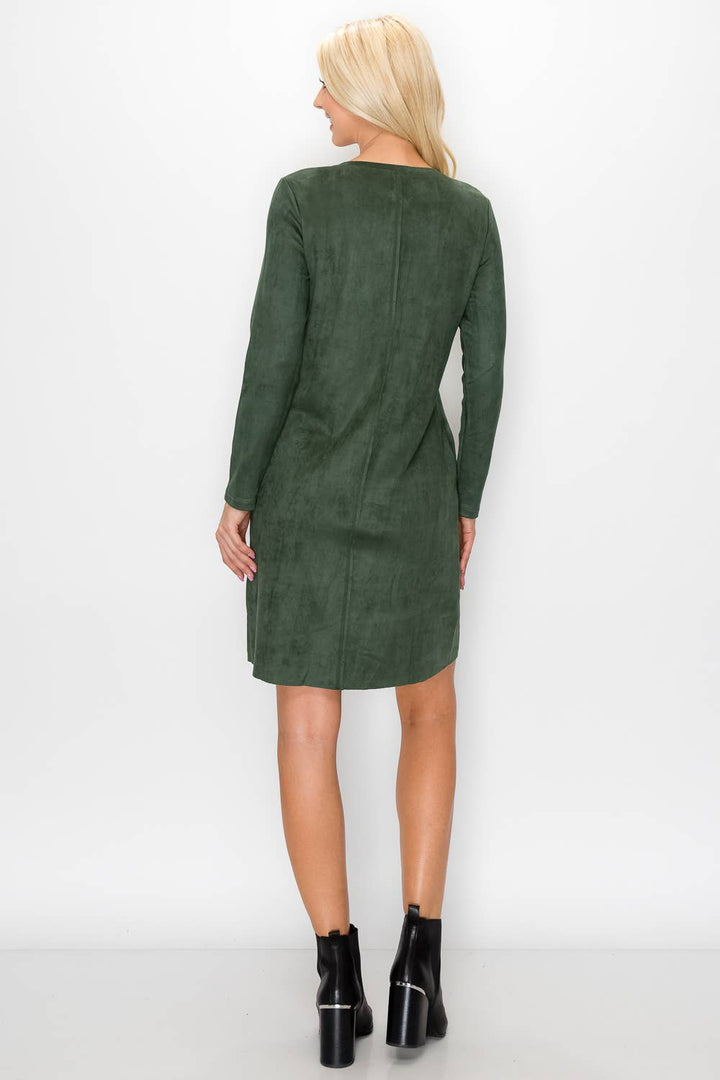 Aurora V-Neck Suede Dress: KHAKI / M / 2059V