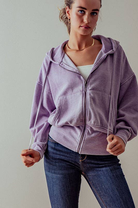 WASHED ZIP UP HOODIE JKT: BLUE FOG