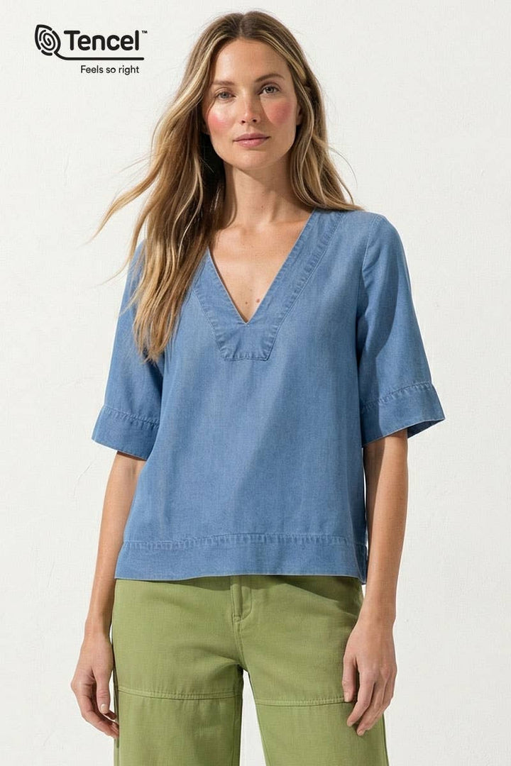 V-Neck Band Blouse: Dark Blue / S
