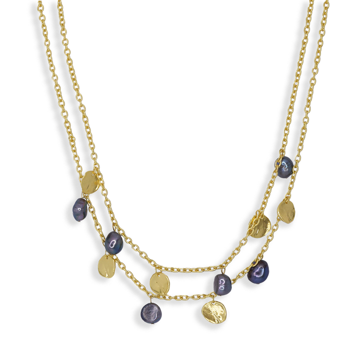 Peacock pearl and coin layered necklace: Gold