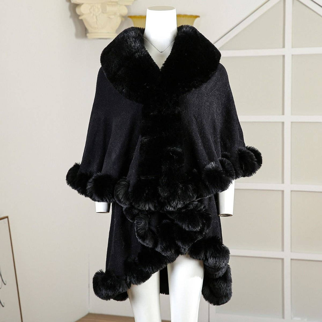 PE371 Double layer fur trimmed capes: Black