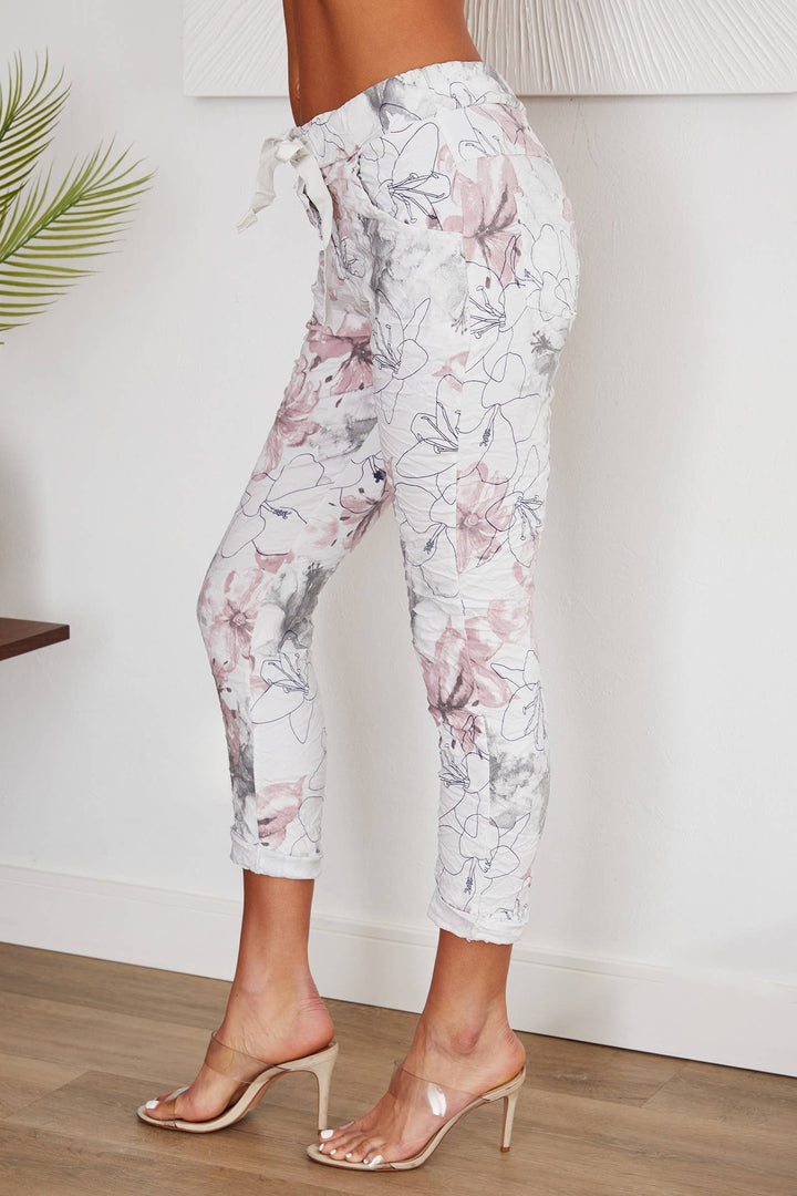 FLORAL PRINT CRINKLE JOGGER WHT): S