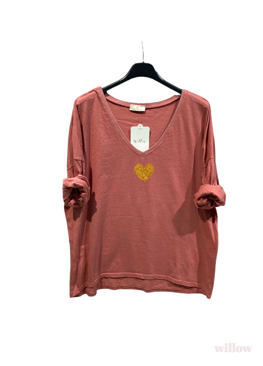 Gold heart long sleeve lurex collar top: Beige