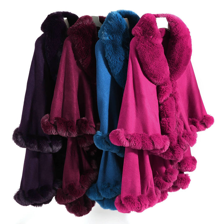 PE371 Double layer fur trimmed capes: Black
