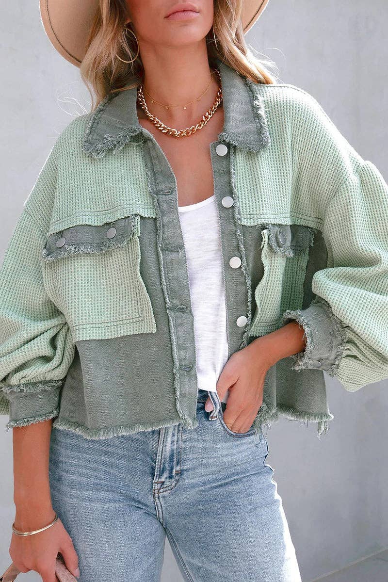 Waffle Patch Denim Jacket: GREEN / S