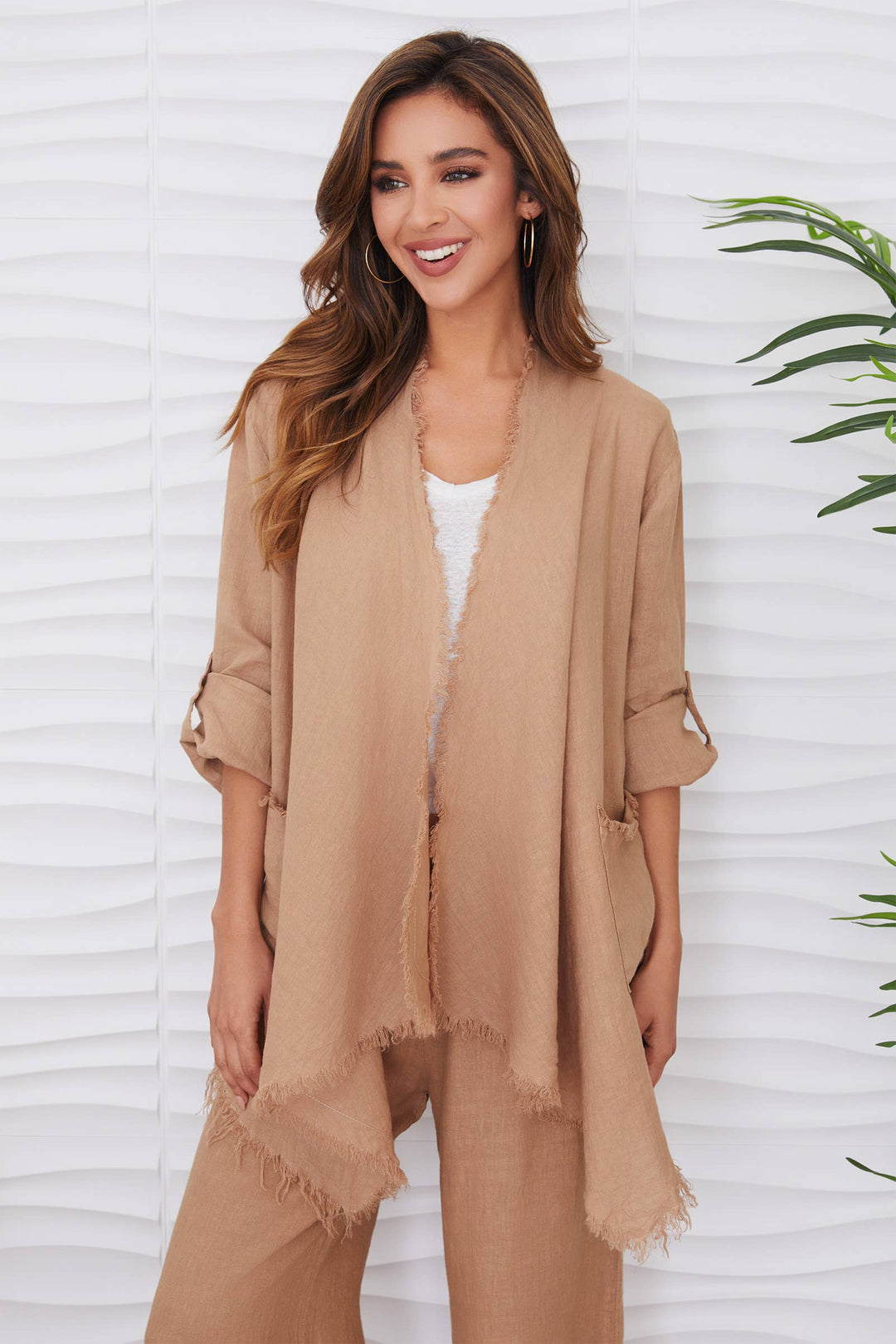 LINEN ASYMMETRICAL CARDI: Beige / L