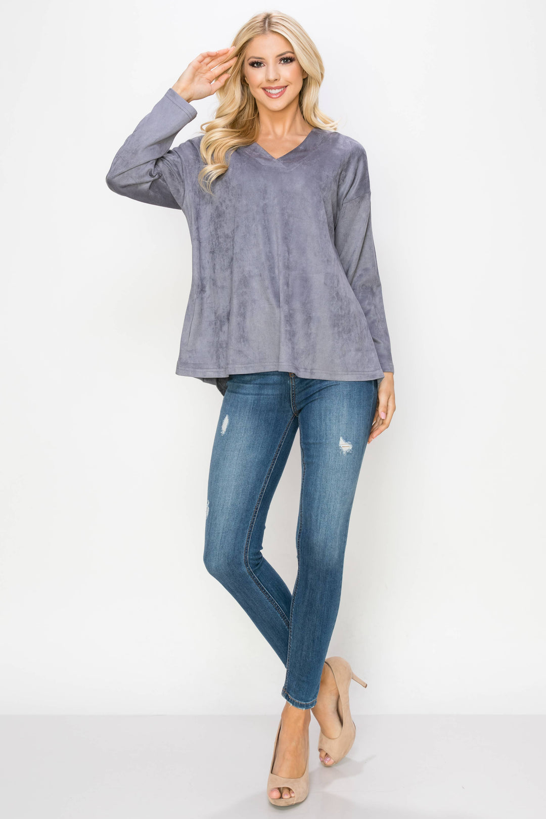 Andrea Stretch Suede Top: KHAKI / XL / A5415