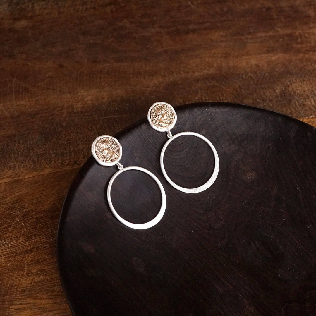 Coin and Hoop Earrings :Silver Tone