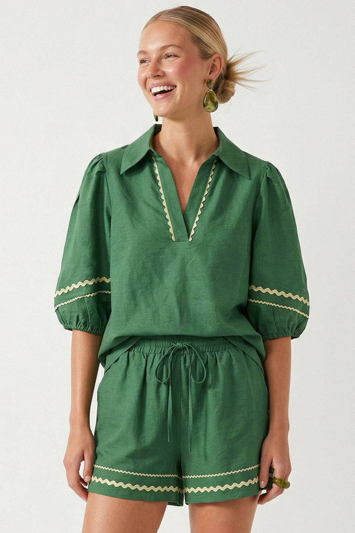 Puff Sleeve Linen Blouse: Red / M