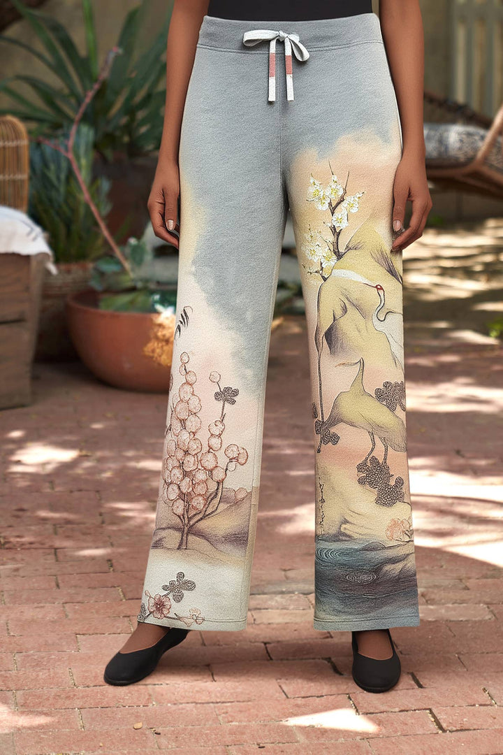 Crane Print Lounge Pant: Gray / XL