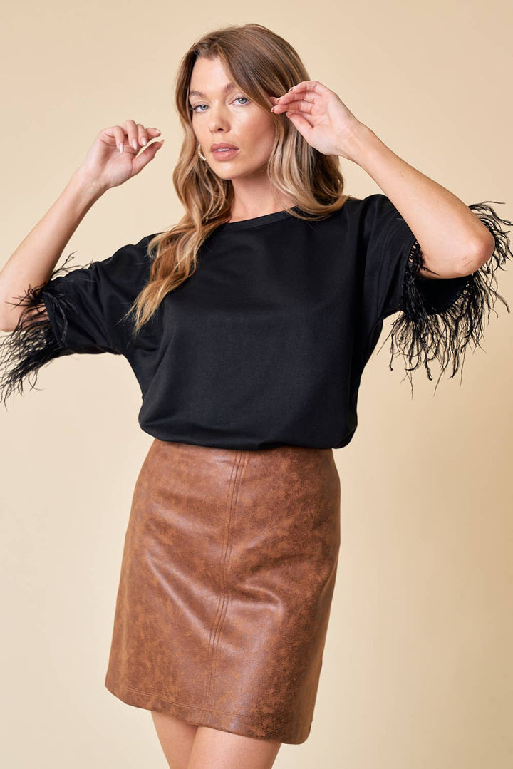 Top With Feather Trim - 13699T: Black / S
