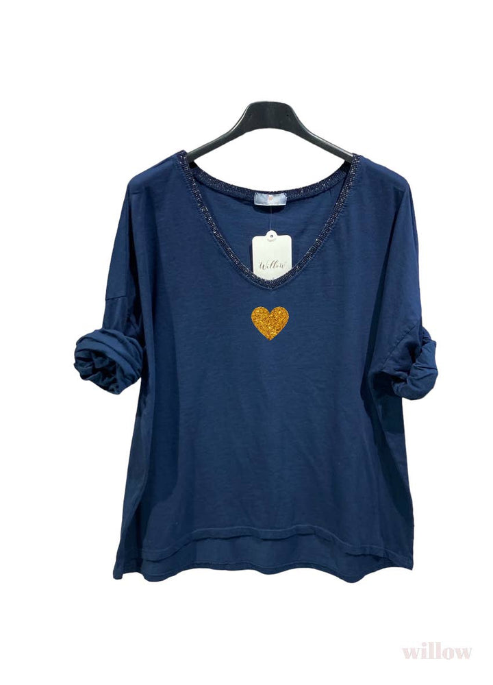Gold heart long sleeve lurex collar top: Fuchsia