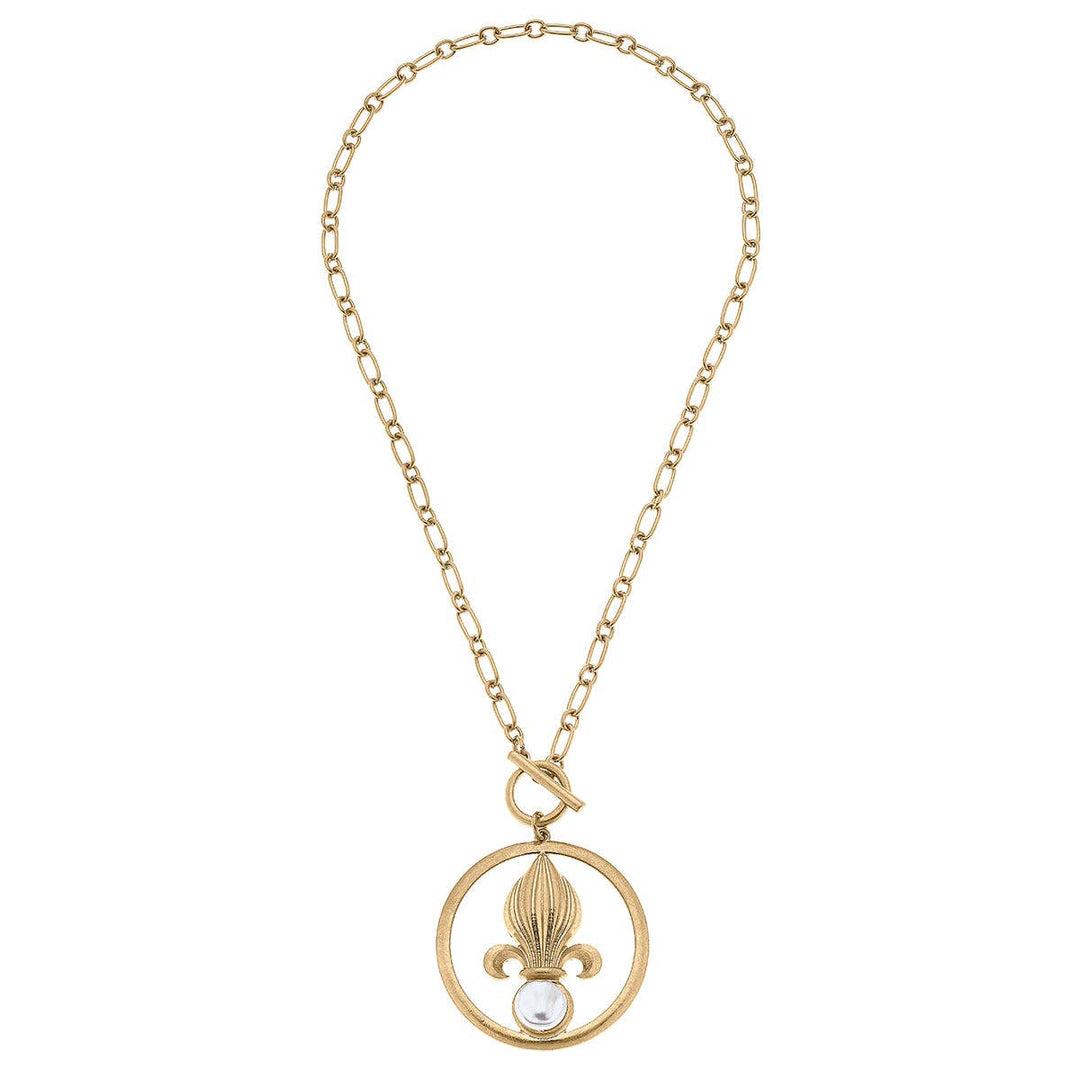 Acadia Fleur de Lis & Pearl Pendant T-Bar Necklace in Worn Gold