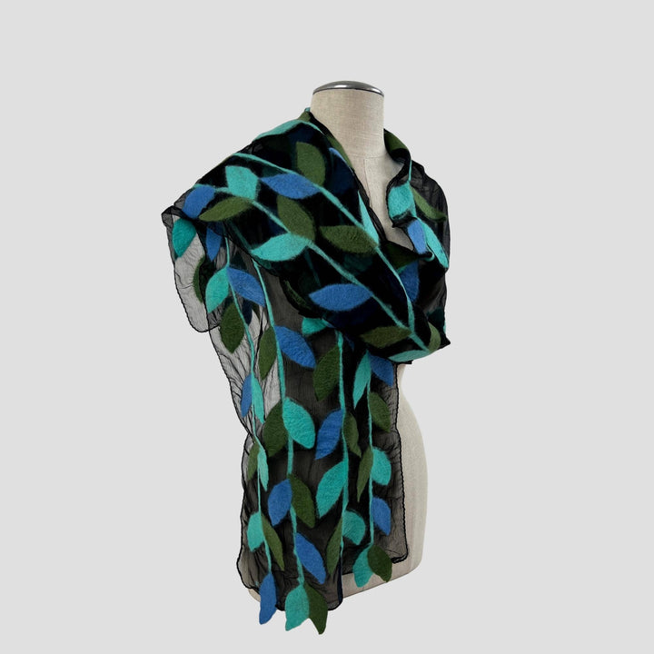 Leaf Merino Wool Handmade Felt Scarf: Blue-Green