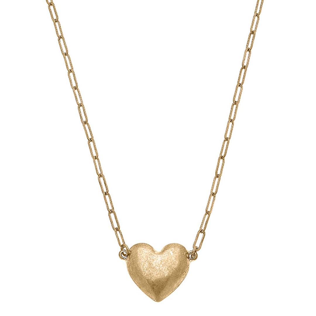 Shae Puffed Heart Paperclip Chain Necklace in Worn Gold