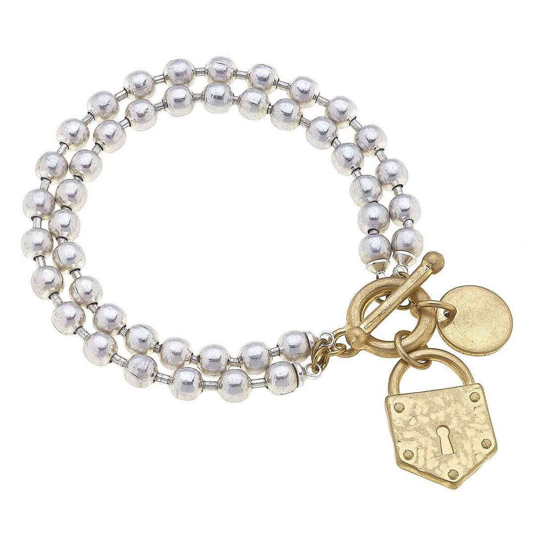 Delaine Layered Ball Chain T-Bar Bracelet in Worn Silver