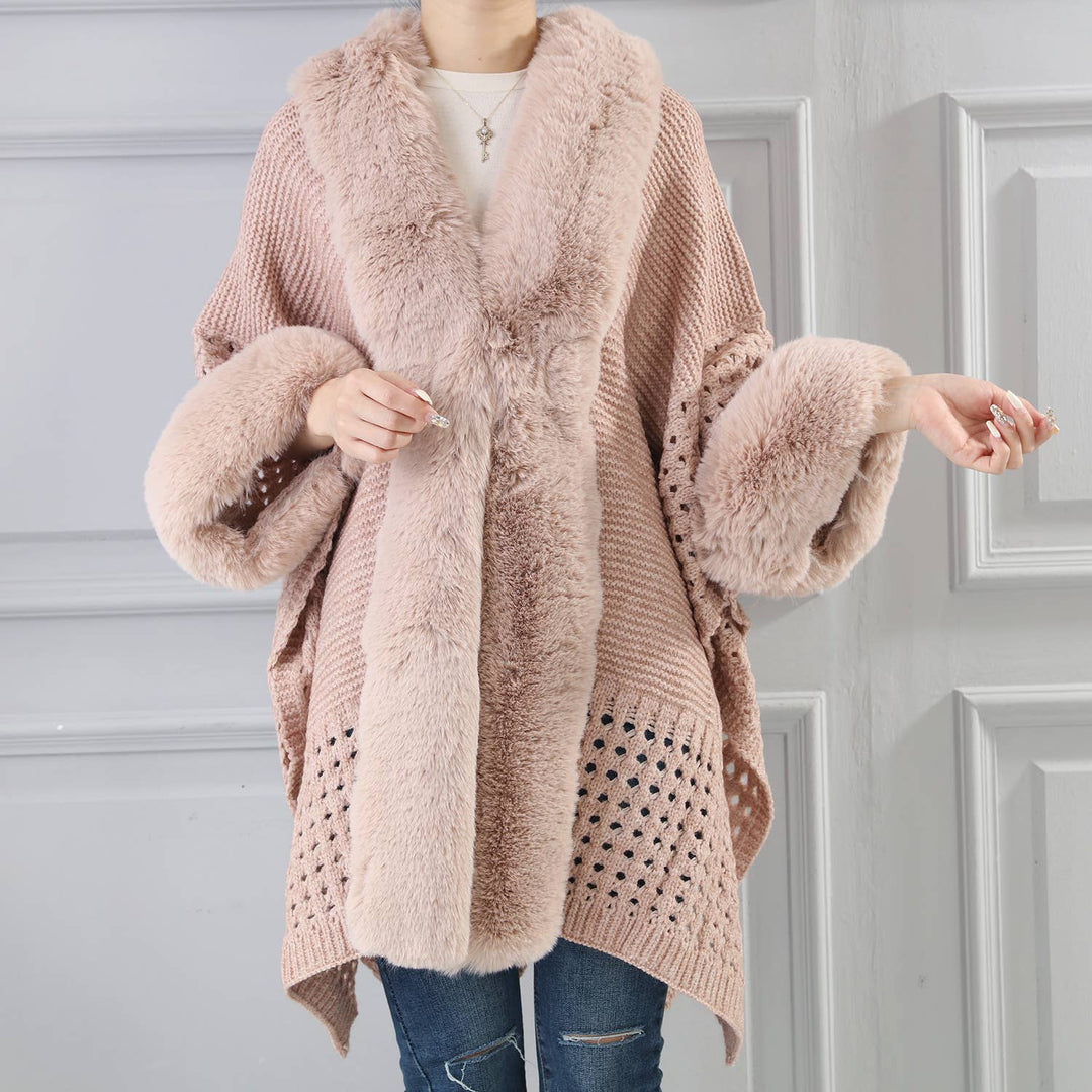 PE364 Hand knitted crochet  fur trim cape: Blush