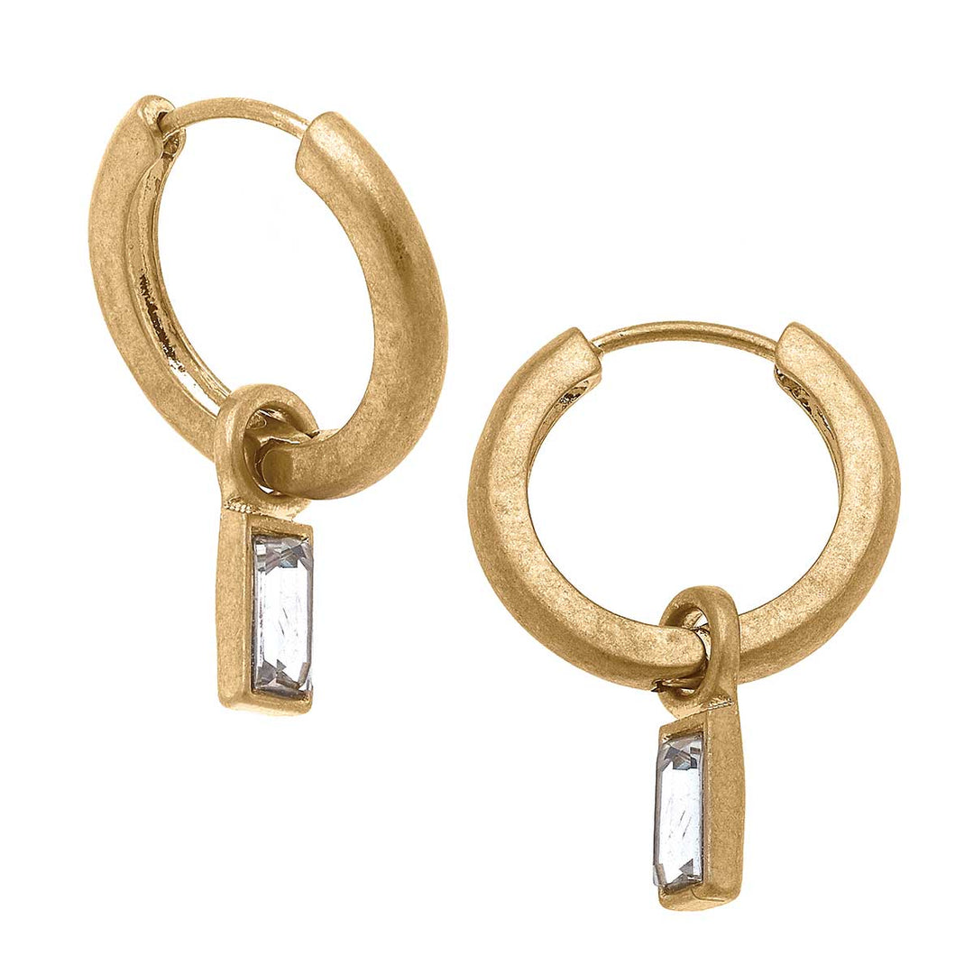 Sabrina Rhinestone Drop Hoop Earrings in Worn Gold