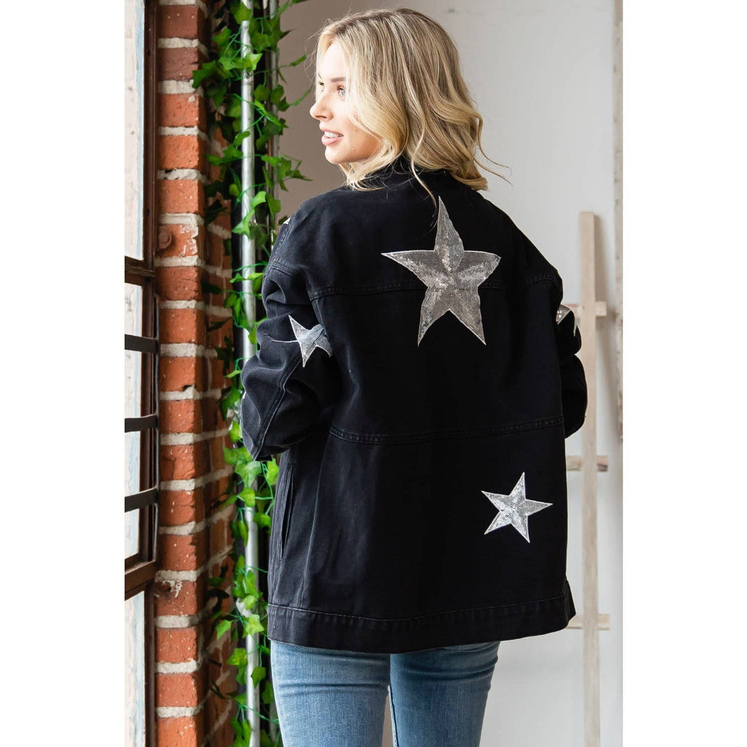 Sequins Star Patch Denim Jacket: Black / S