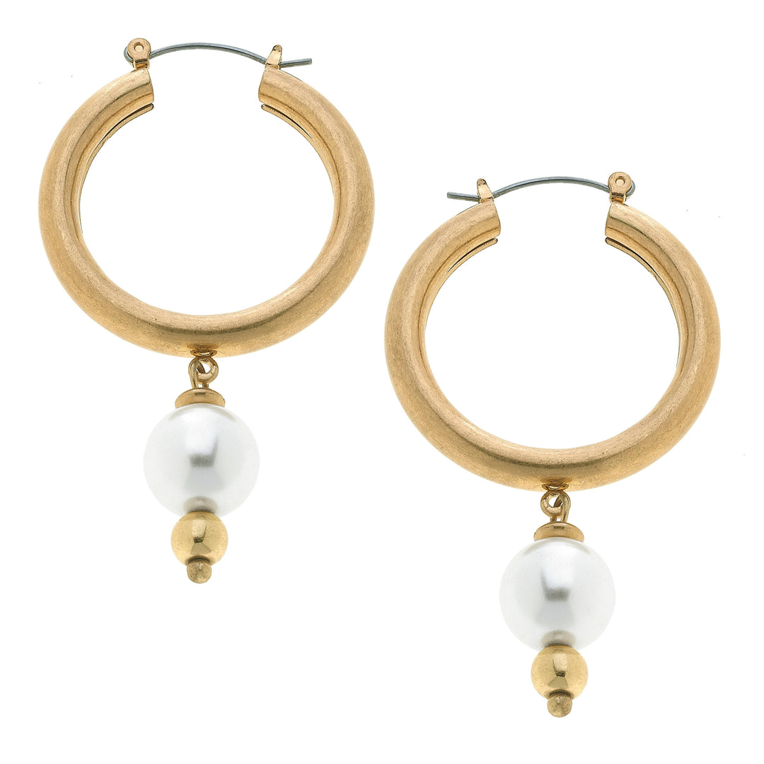 Nina Pearl Drop Hoop Earrings in Worn Gold