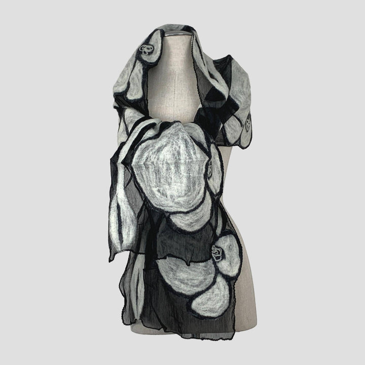 Black On White Flower Wet Felt Scarf