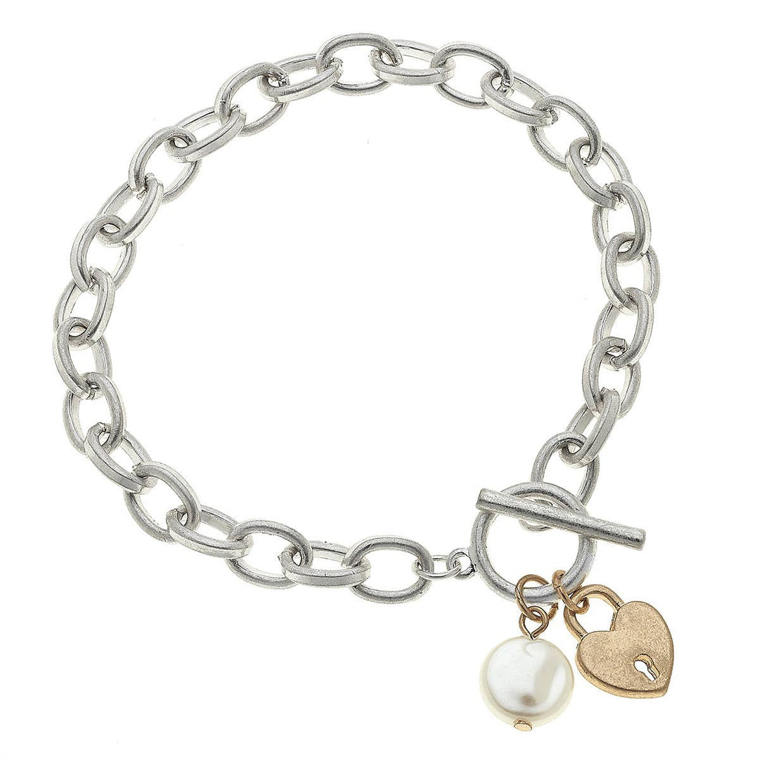 Claudia Heart Charm T-Bar Bracelet in Worn Silver