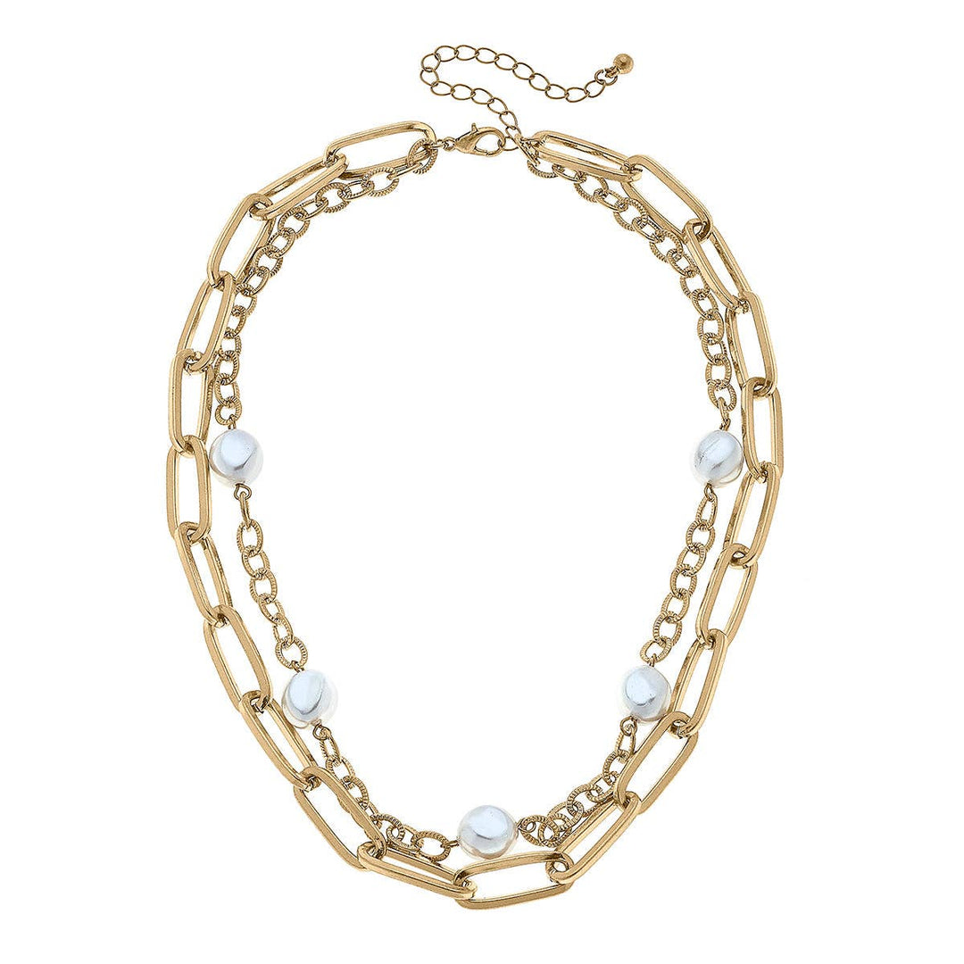 CANVAS Style - Perrie Layered Pearl & Chunky Chain Necklace in Worn Gold