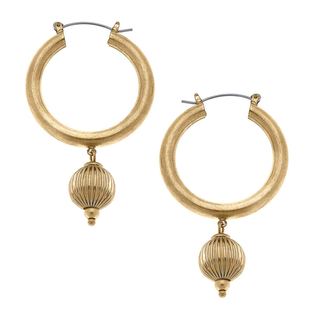 Nina Ribbed Metal Drop Hoop Earrings in Worn Gold