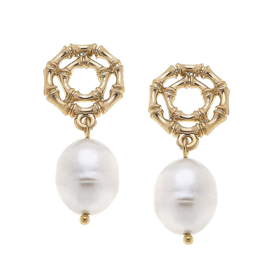 Jenny Bamboo & Pearl Drop Earrings in Worn Gold
