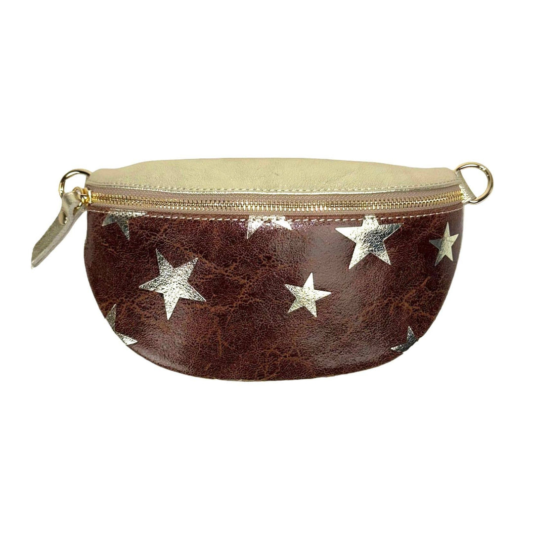 Metallic Leather Waist Bag with Star Print: Brown