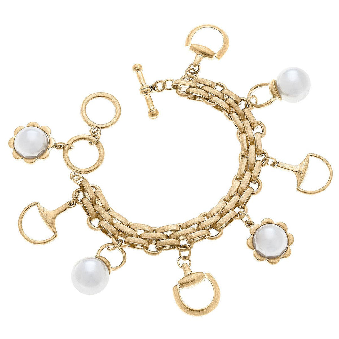 CANVAS Style - Mari Horsebit and Pearl Charm Bracelet in Worn Gold