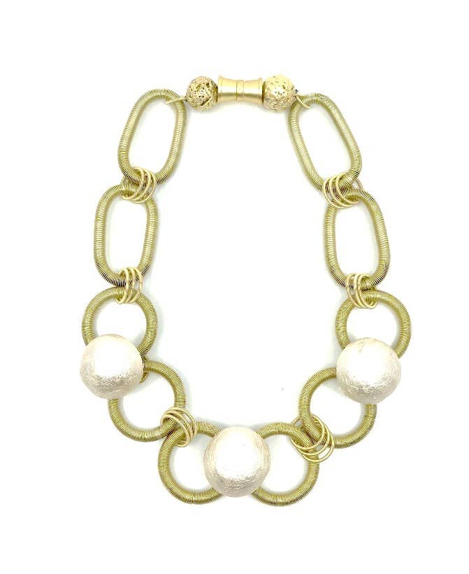 Sea Lily - 938 Gld - Gold Wire Necklace with 3 Cotton Pendants and Lava