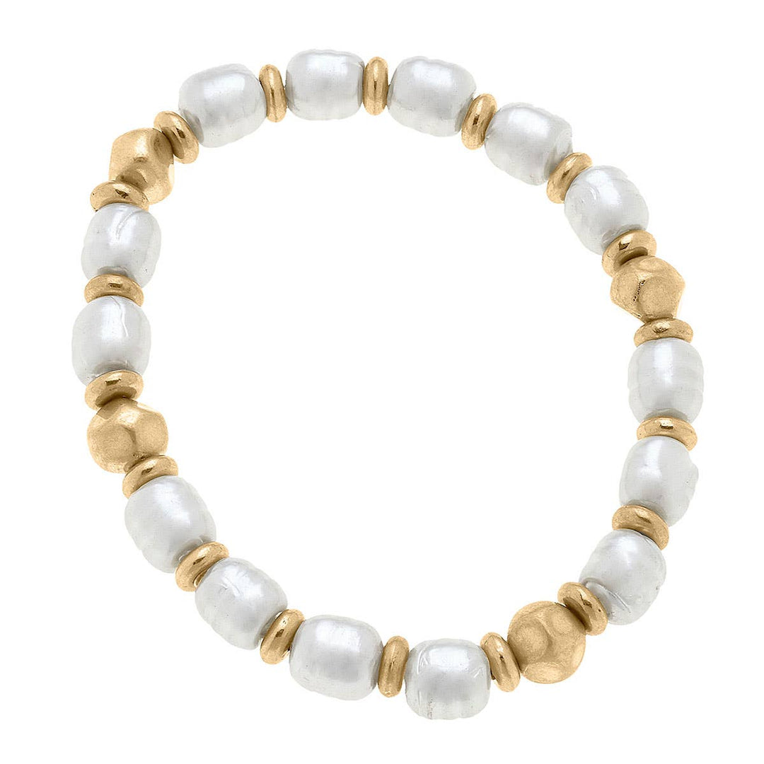Baroque Pearl & Gold Bead Stretch Bracelet in Worn Gold & Iv