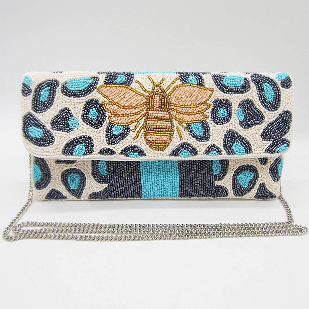 Fashion City - Leopard Bee Seed Beaded Clutch with Chain