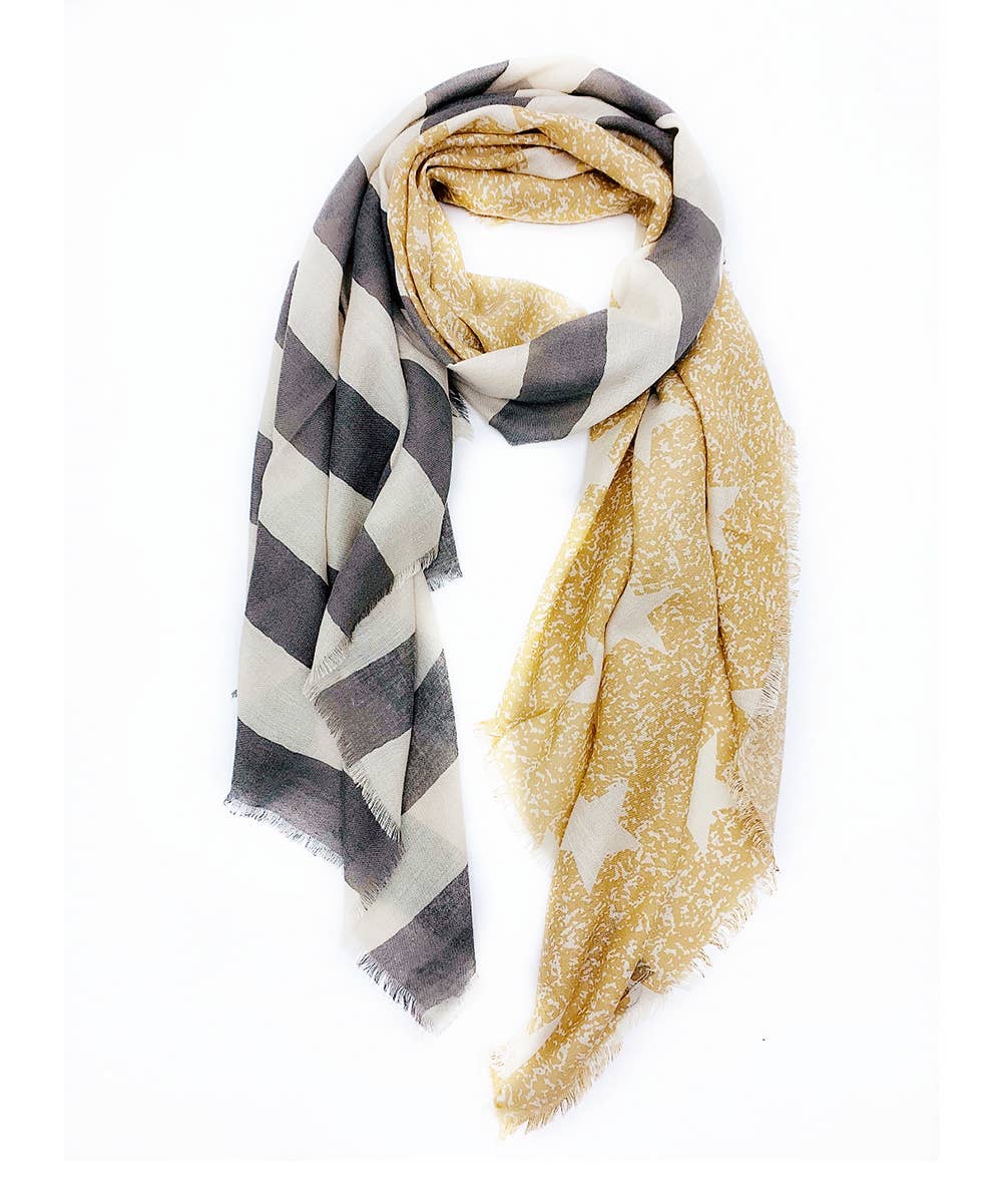 Yellow-Grey Stars & Stripe Scarf