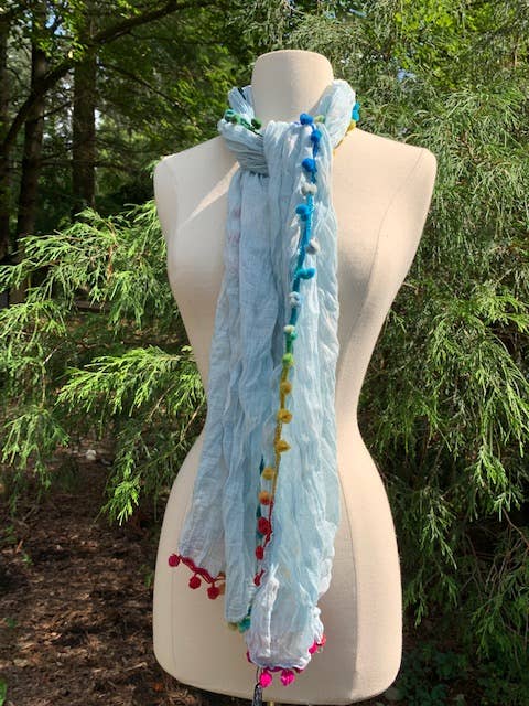 Cotton Scarf Hand Tie dye   pom pom edge pink grey